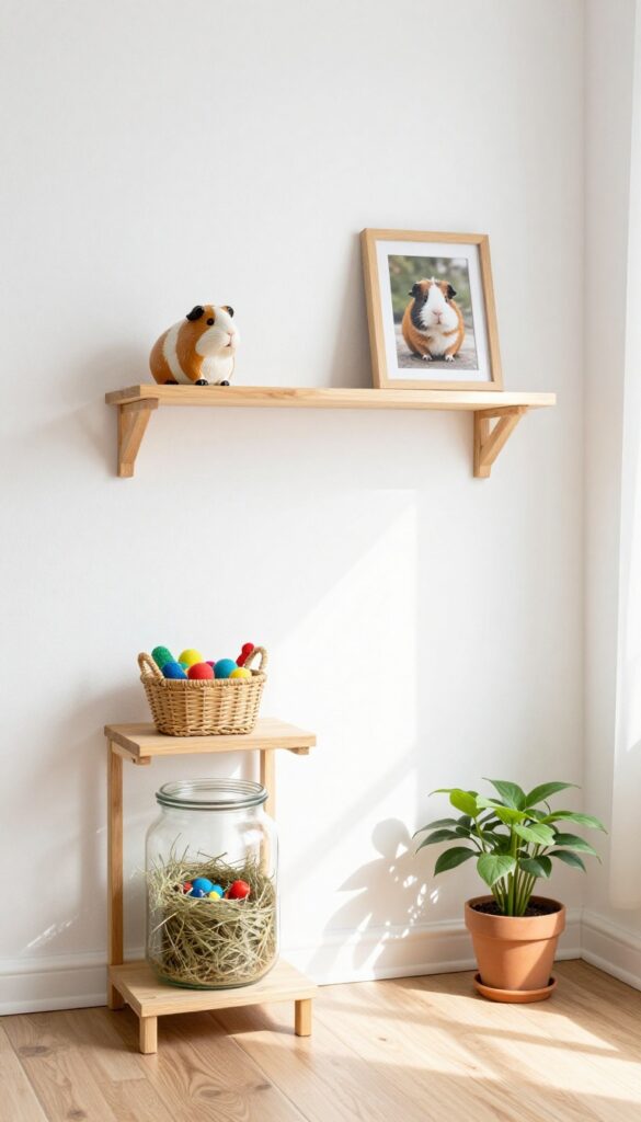 Wall-mounted shelves with guinea pig supplies and decor in a bright room