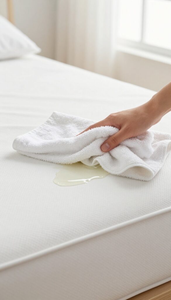 Blotting a spill on a clean white mattress with a dry towel in bright natural light
