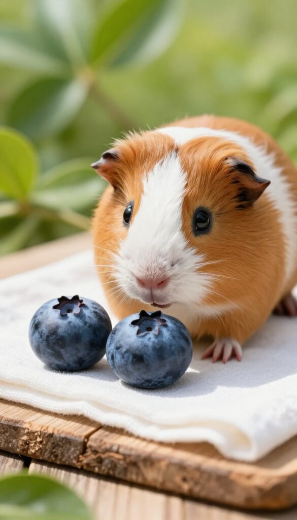 A guinea pig sniffing fresh blueberries on a wooden table in soft sunlight.