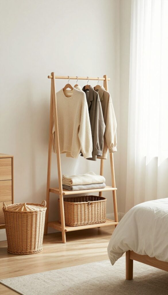 A tidy bedroom with a valet stand holding clothes and a hamper, showing the habit of putting clothes away immediately.
