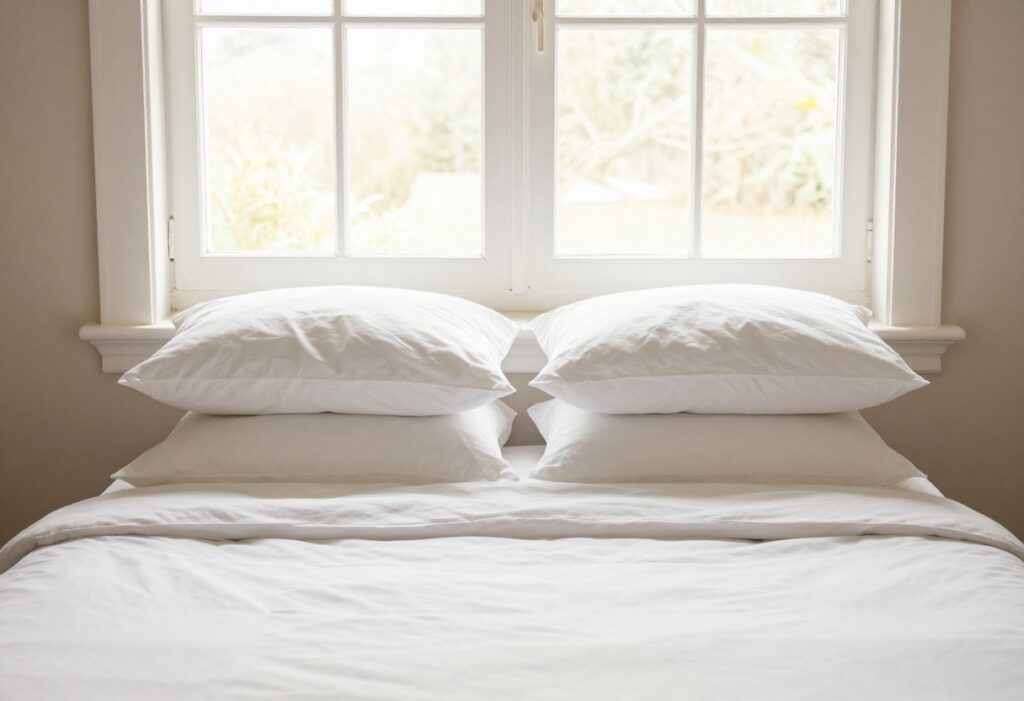 Two fluffy white pillows on a clean bed in a bright bedroom