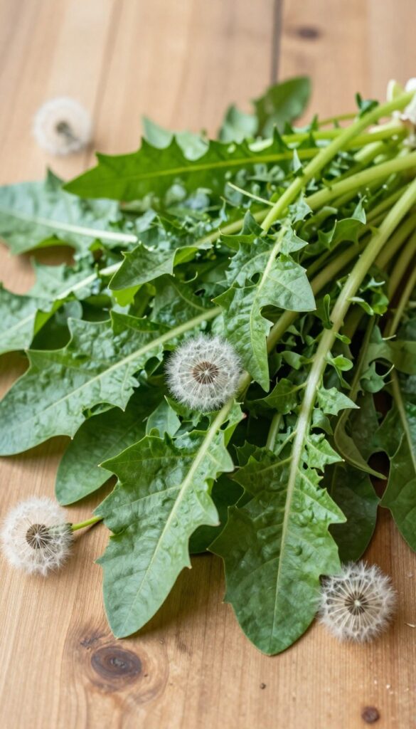Fresh dandelion greens on a wooden table with natural lighting