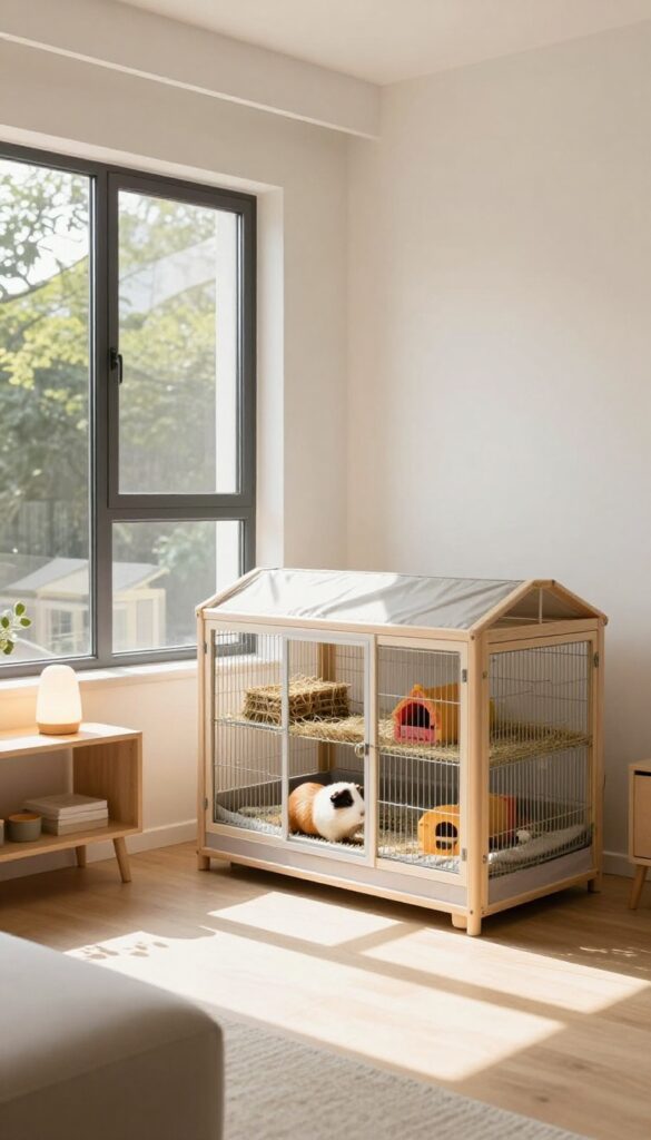 Guinea pig cage integrated into a bright living room with dimmable lamp and natural light