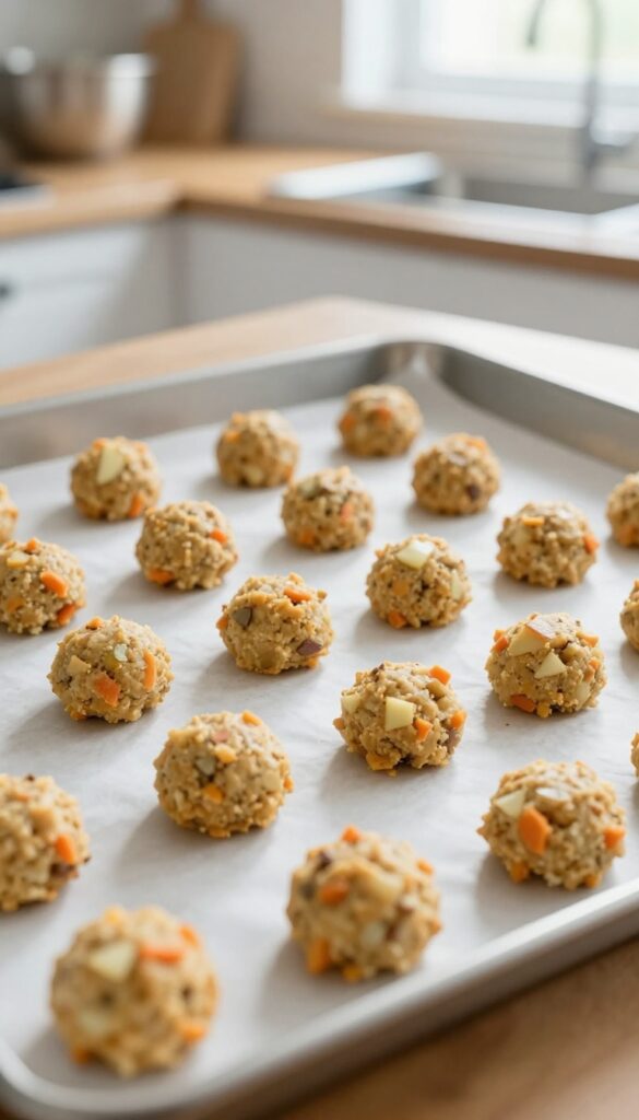 Homemade dog treat balls with carrot and apple, baked golden brown on a parchment-lined baking sheet.
