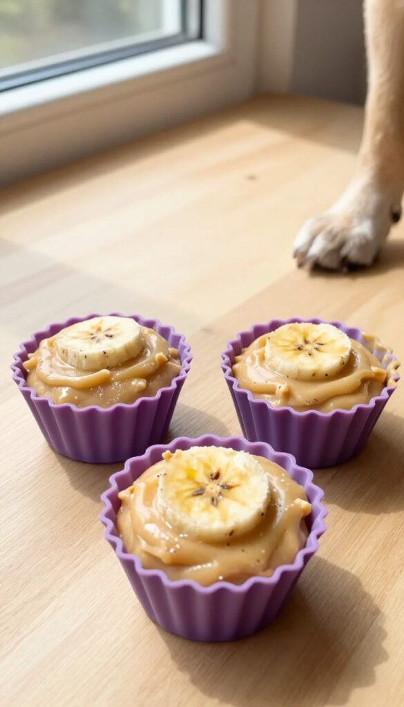 Homemade frozen peanut butter and banana dog treats in silicone muffin cups on a wooden surface, with a dog paw reaching for one.