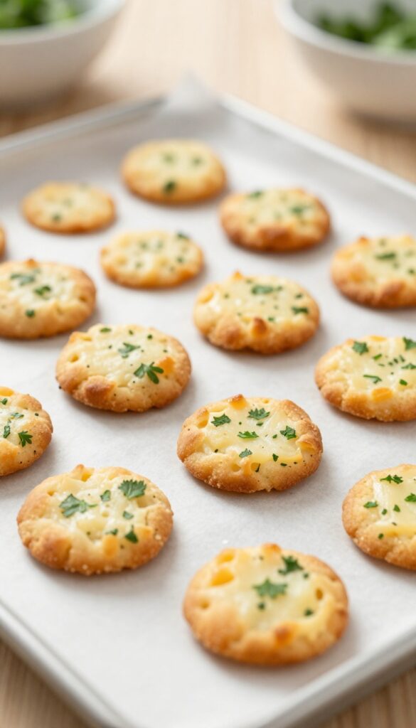Homemade cheese and parsley mini crisps for dogs, baked golden brown on parchment paper, ideal for training treats or food toppers.