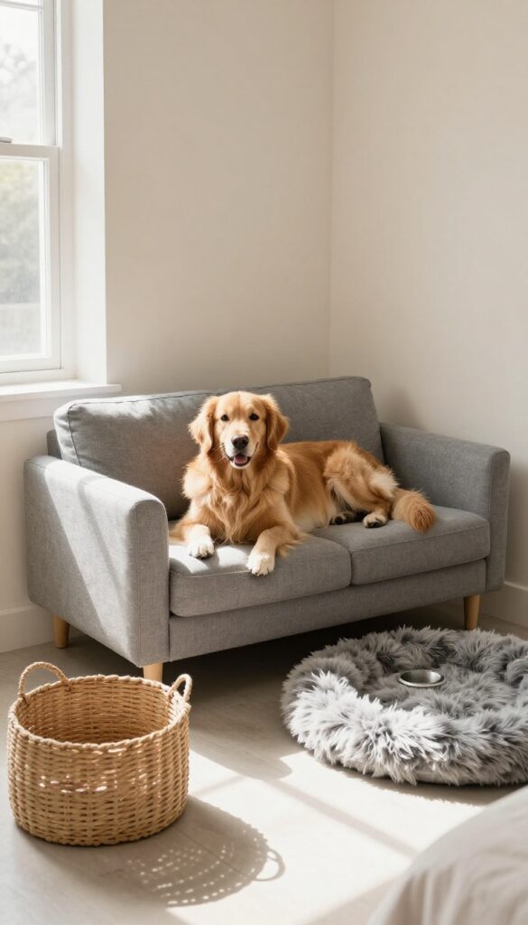 A stylish boutique photo corner with a dog lounging on a small couch, perfect for social media sharing.