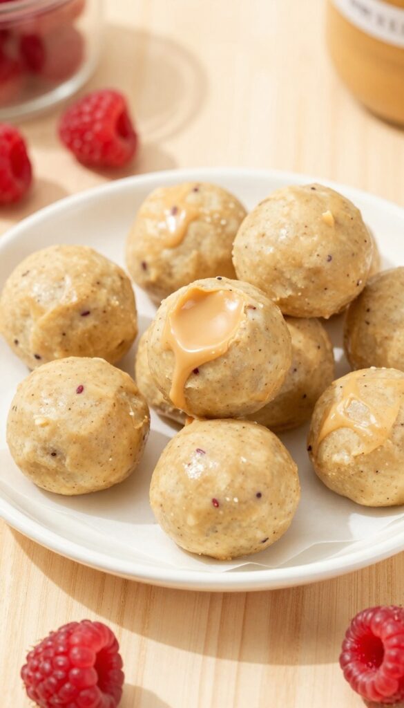 Homemade no-bake raspberry peanut butter dog treats, small bite-sized balls on a parchment-lined plate, with fresh raspberries and peanut butter nearby.