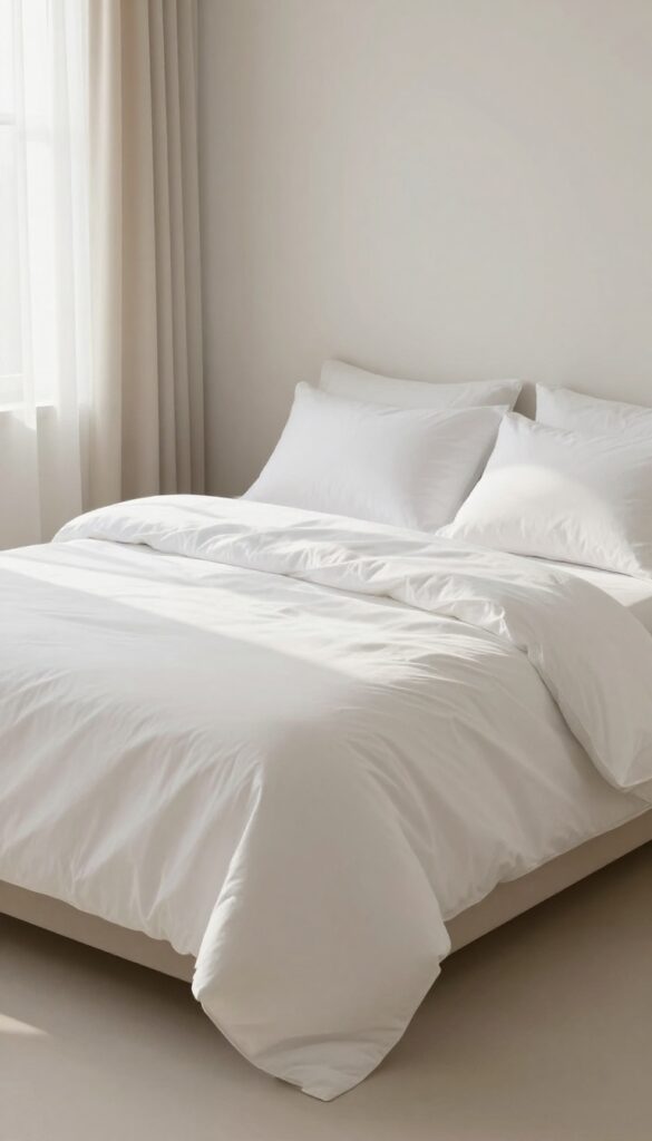 Freshly made bed with clean white sheets in a bright, airy bedroom