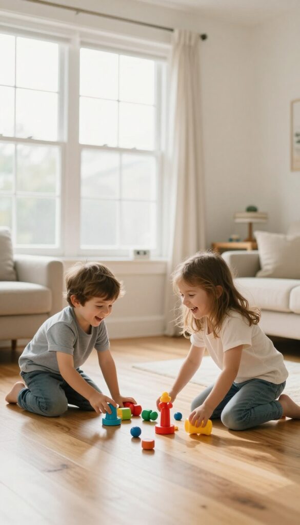 Children playing a floor cleaning game, picking up toys in a bright living room