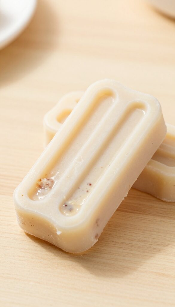 Frozen dog treat pupsicles in bone-shaped silicone molds, made with ground meat and yogurt, on a kitchen counter.