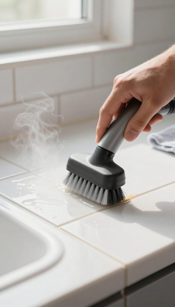Hand using steam cleaner with brush attachment on kitchen tile grout