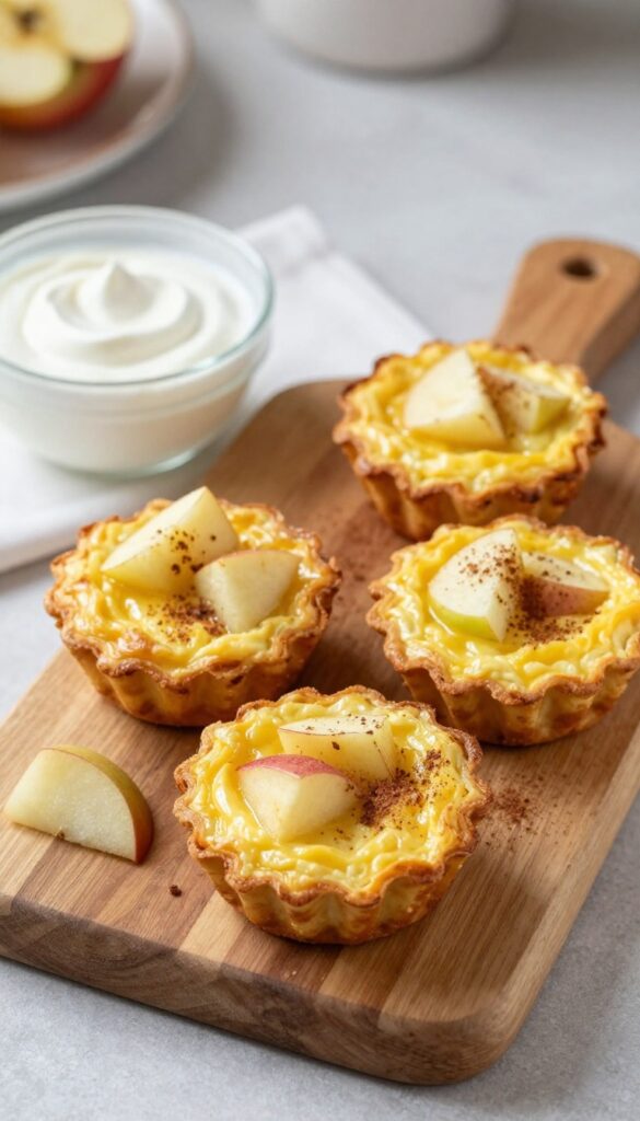 Homemade apple cinnamon egg bites for dogs on a wooden board with Greek yogurt