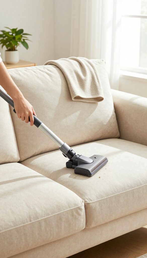 Person vacuuming a beige sofa with an upholstery attachment in a bright living room