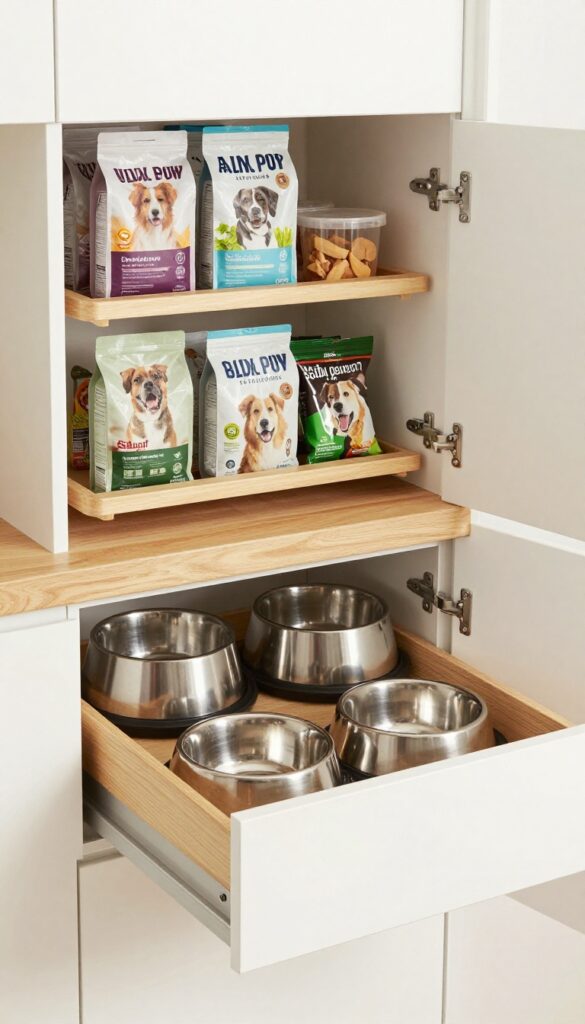 Built-in dog feeding station with pull-out bowls and hidden storage in a modern kitchen