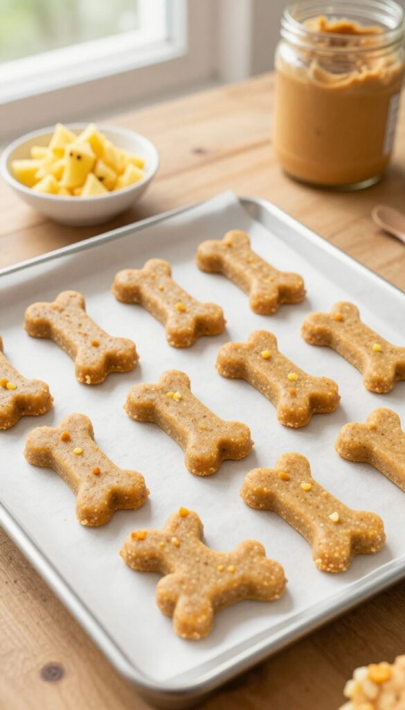 Soft pineapple and pumpkin dog chews on a baking sheet with ingredients nearby
