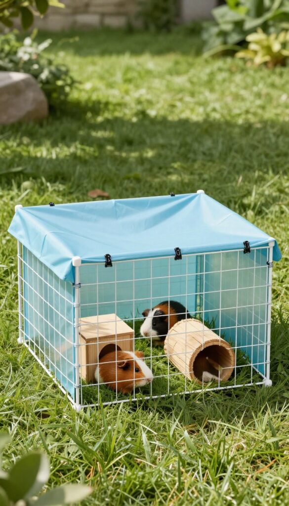 DIY grid-and-tarp outdoor guinea pig enclosure on grass with guinea pigs, hidey house, and tunnel in summer sunlight