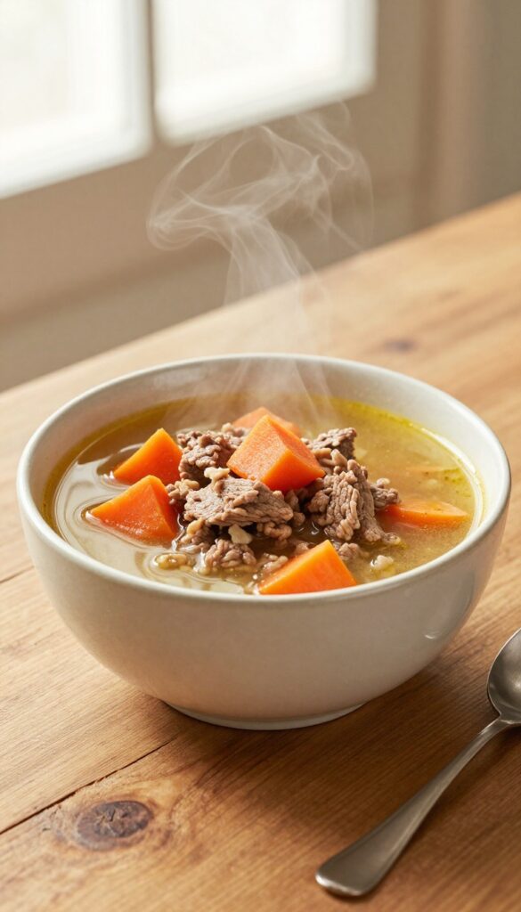 A small bowl of homemade beef and carrot stew for dogs, with tender meat and carrot pieces in warm broth, on a rustic wooden table in natural light.