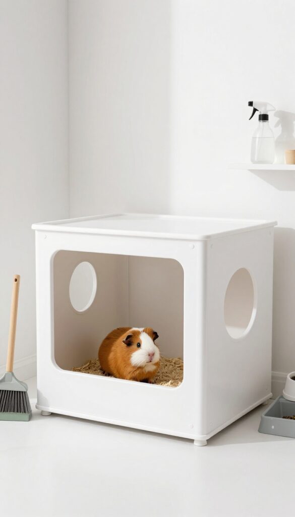 Guinea pig cage with easy-clean layout, open doors, litter tray, and cleaning supplies nearby