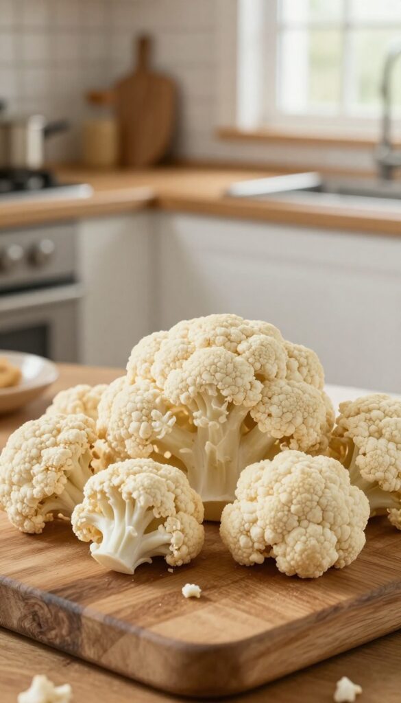Dehydrated cauliflower crunchies dog treats on a wooden board, homemade crunchy snack for dogs.