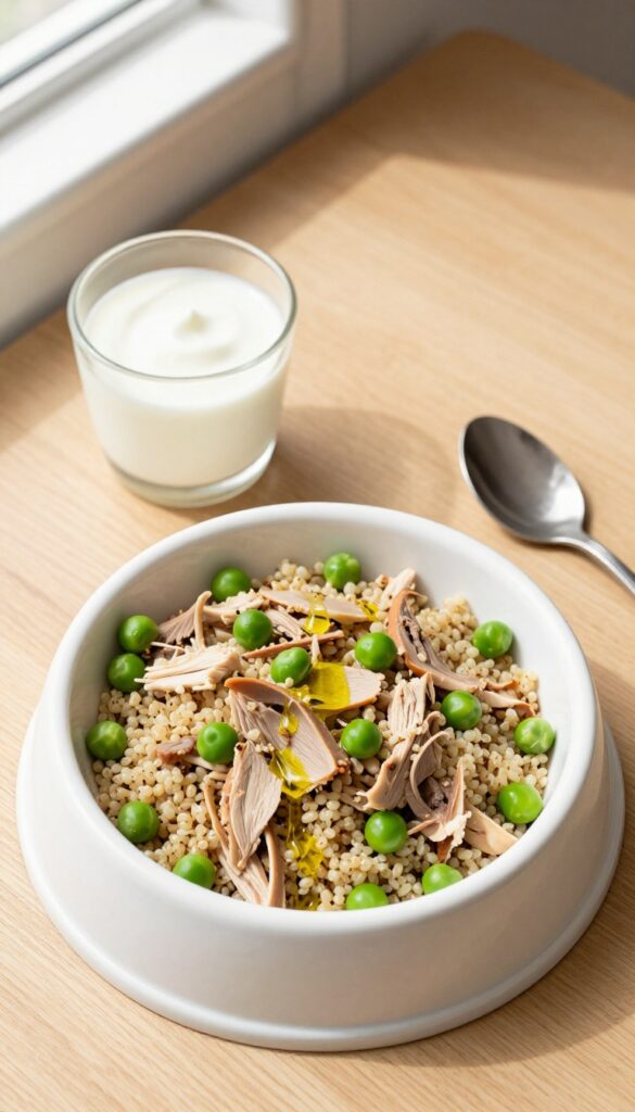 Homemade turkey gizzard and quinoa salad for dogs in a bowl with peas and olive oil drizzle