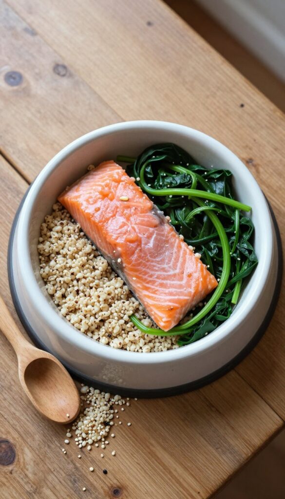 Homemade salmon and quinoa dog food bowl with spinach, served in a ceramic bowl on a wooden table.