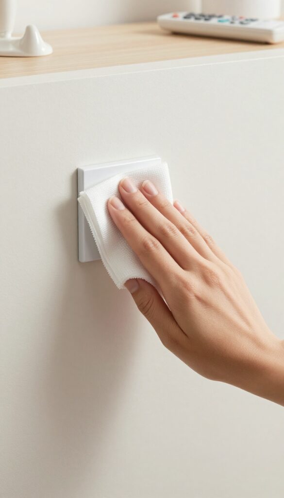 Hand wiping a light switch with a disinfectant wipe in a bright, clean room.