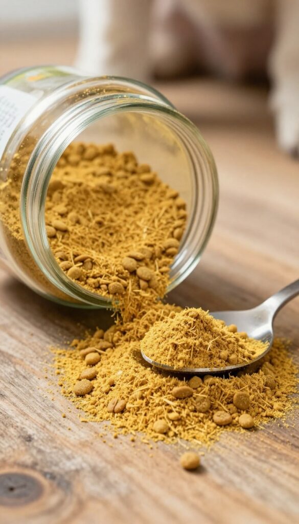 Homemade coconut and turmeric treat dust sprinkled over dog kibble in a bowl, with a jar of the golden powder nearby.