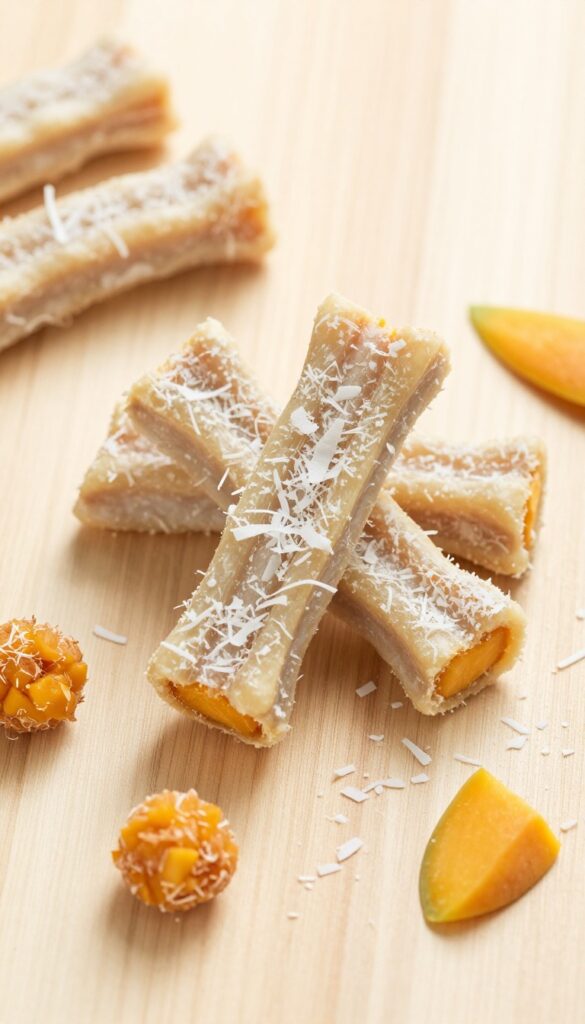 Homemade mango coconut dog chews arranged on a wooden surface, showing bite-sized logs and balls with visible coconut and mango texture.