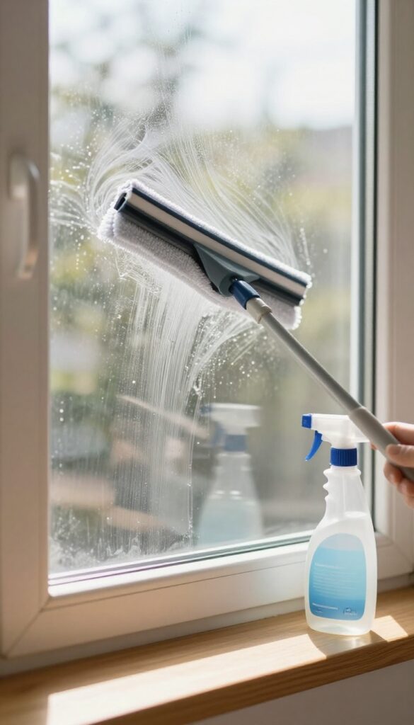 Cleaning a window with a squeegee and natural sunlight