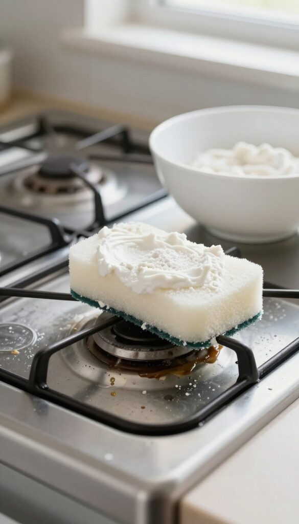 Washing soda paste on a greasy stovetop with a sponge, bright natural light, clean kitchen counter.