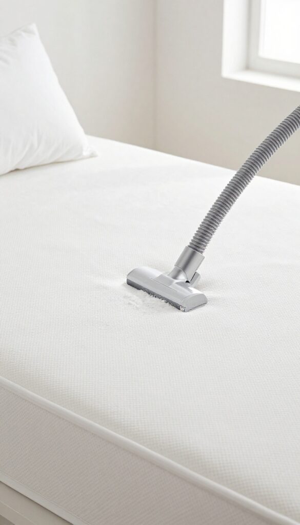 Vacuuming dried baking soda from a mattress to remove urine odor