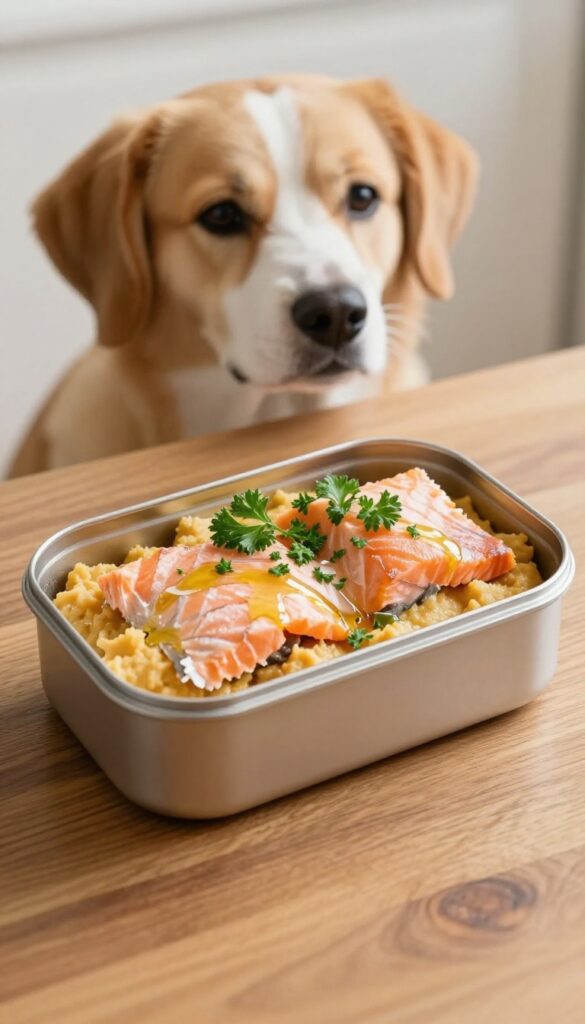 Salmon and pumpkin bento box for dogs with parsley and coconut oil