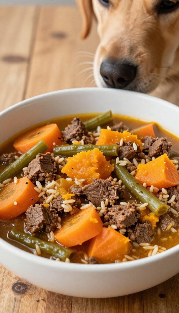 Homemade beef and pumpkin dog stew in a bowl with a dog sniffing it.