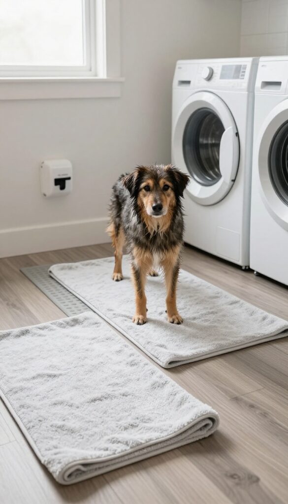 Laundry room drying station with wall-mounted pet dryer, absorbent mats, and a damp dog on a non-slip mat