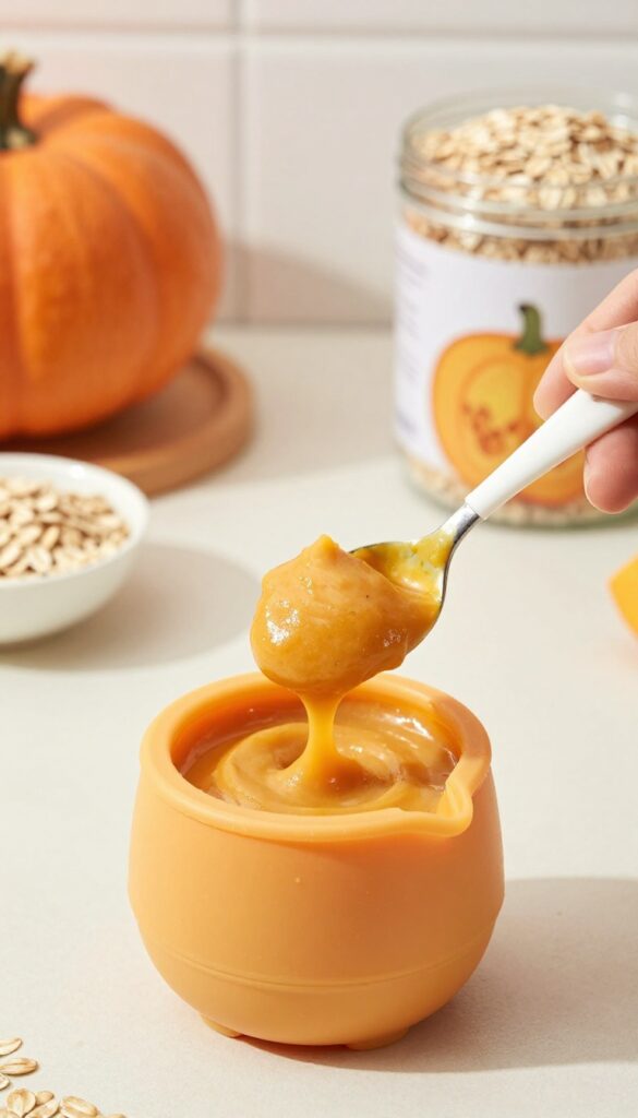 Homemade pumpkin and oatmeal stuffing for dog stuffable toys, being spooned into a Kong toy on a kitchen counter.