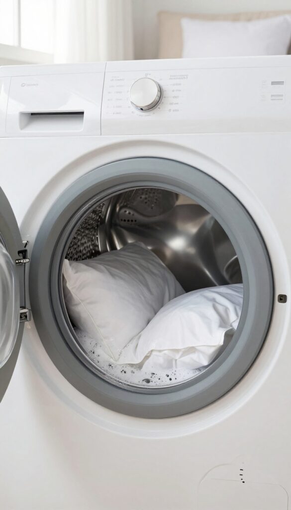 Two white pillows washing together in a front-loading washing machine, bright natural light, cozy bedroom background