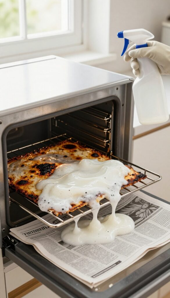 Oven rack with commercial cleaner foam breaking down grease
