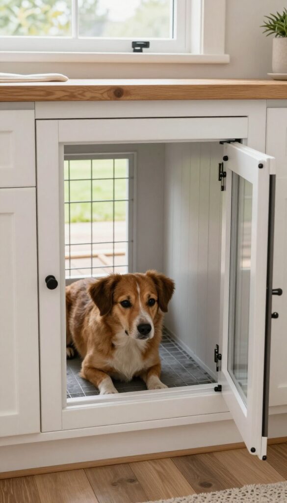Built-in dog crate in laundry room with fold-down dog door leading to outdoor run