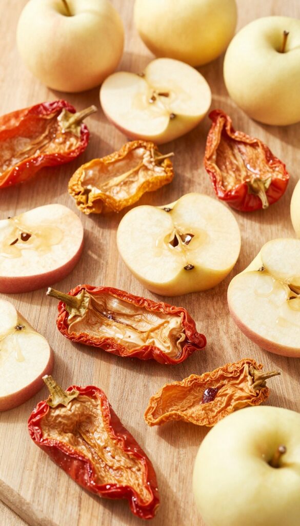 Homemade dog treats: dehydrated bell pepper and apple crunch coins on a wooden surface, natural light, rustic pet food photography.