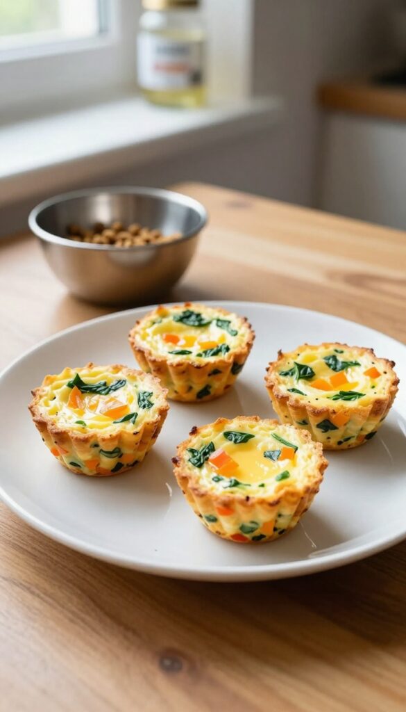 Homemade dog-friendly veggie and egg scramble cups in a white ceramic plate on a wooden table, with a small bowl of kibble nearby.