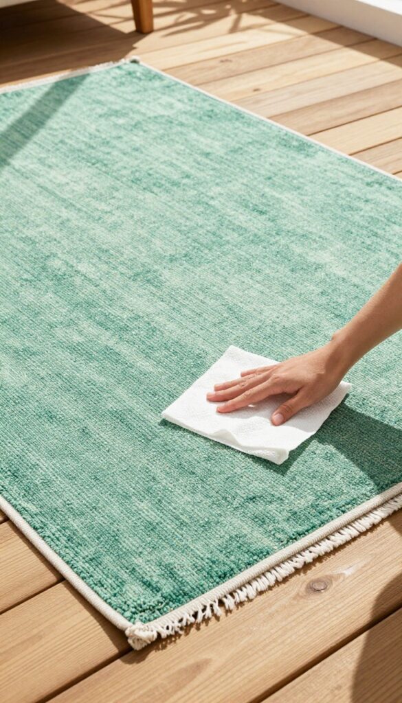 Person checking dryness of a large area rug on a sunny deck with a fan nearby