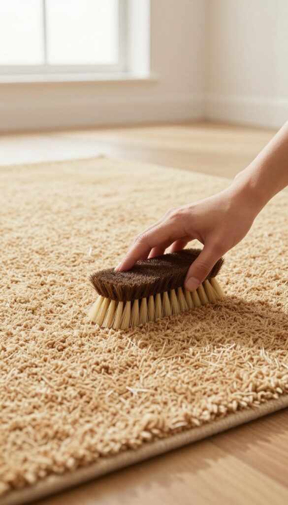 Hand fluffing a clean area rug with a soft brush in bright natural light