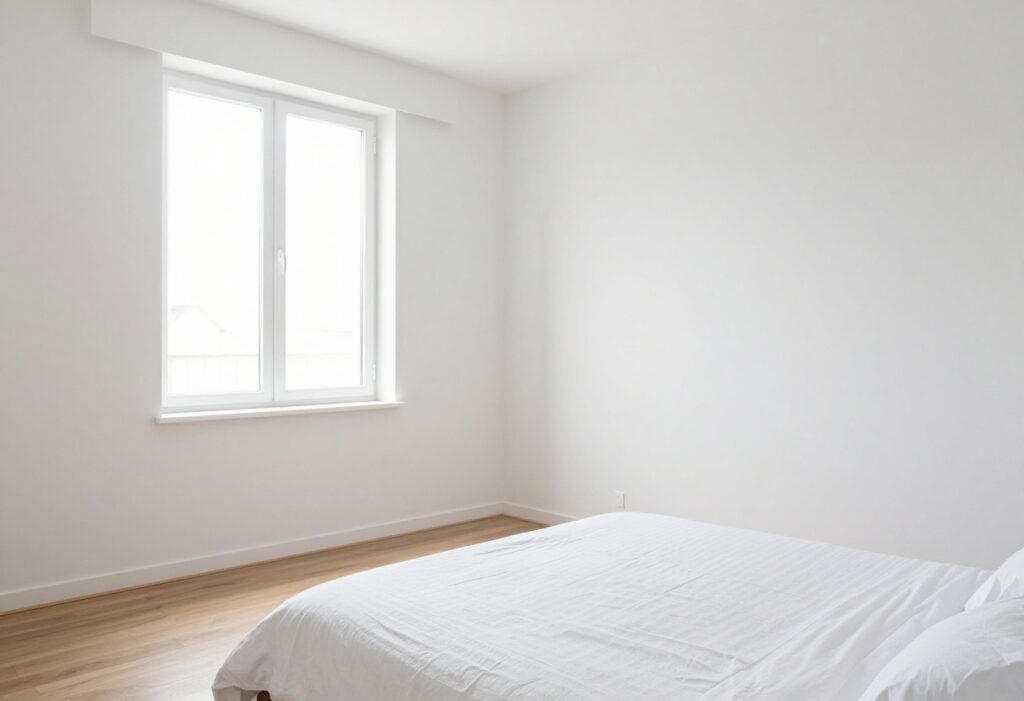 A clean and tidy bedroom with a made bed, organized nightstand, and soft lighting.