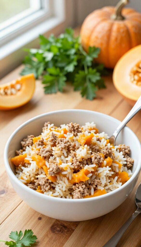 Homemade pork and rice dog food with pumpkin in a white bowl on a wooden table, with pumpkins and parsley.