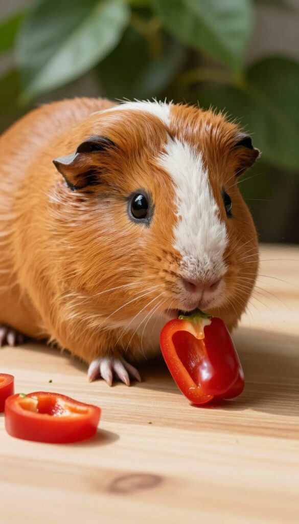 Guinea pig eating a red bell pepper slice on a wooden table in natural light