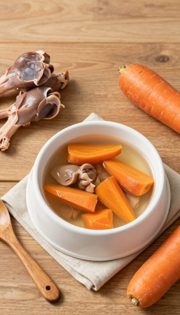 Homemade turkey gizzard and sweet potato stew for dogs in a white bowl with raw ingredients on a wooden table.