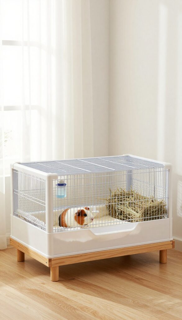 Guinea pig cage placed on a stand in a quiet, well-ventilated corner of a bright living room with natural light and clean setup.