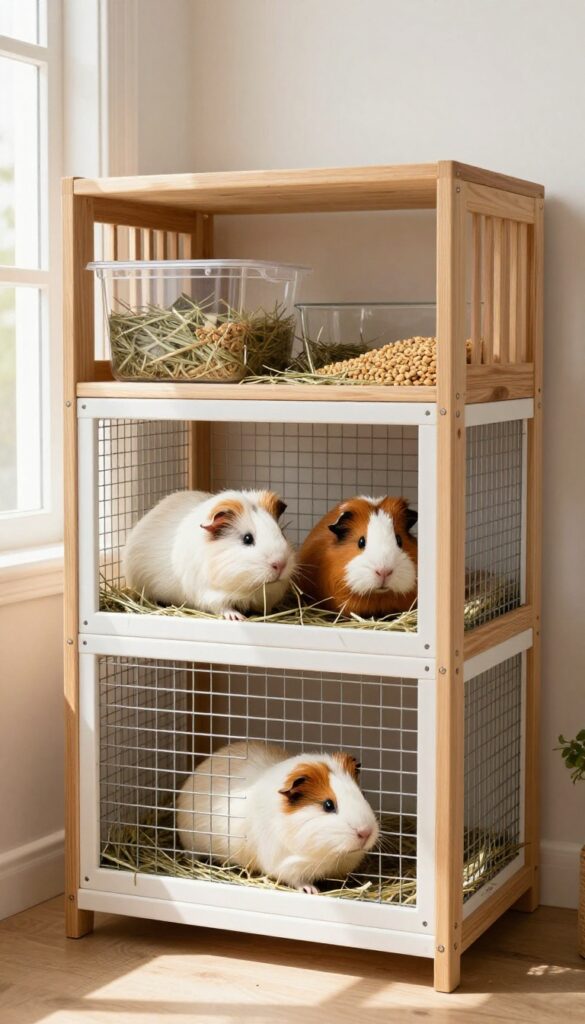 Convertible bookshelf cage for guinea pigs with multi-level habitat and supply storage