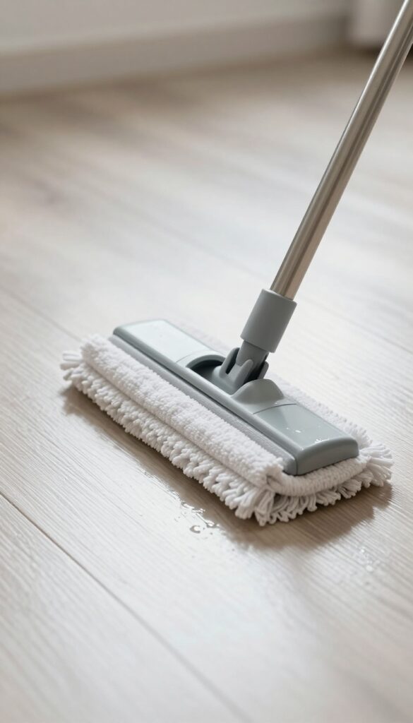 Damp mopping vinyl plank floors with a microfiber mop in bright natural light